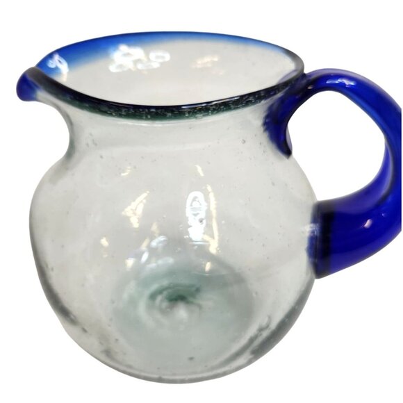 Artisan Handblown Glass Pitcher with Cobalt Blue Handle and Rim - Picture 2 of 10